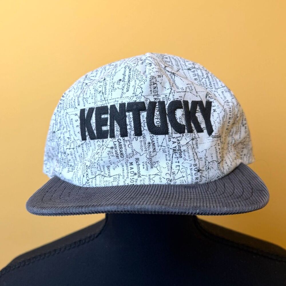 Vtg 90s Kentucky State Map Snapback Hat Spellout Cap Made In USA Corduroy